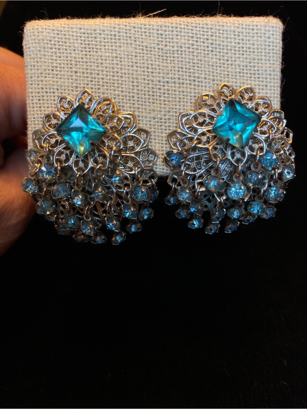 Vintage Teal Crystal Chandelier Clip on style Earrings - Women's Jewelry - Picture 4 of 4